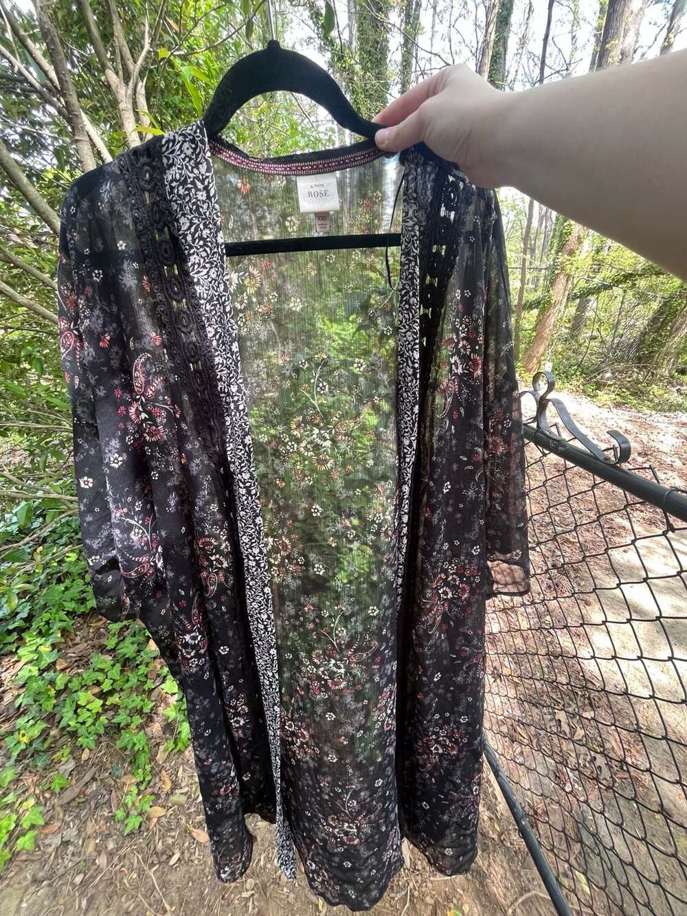 Knox Rose XXL Black Floral Sheer Chiffon Duster Kimono with Lace Trim